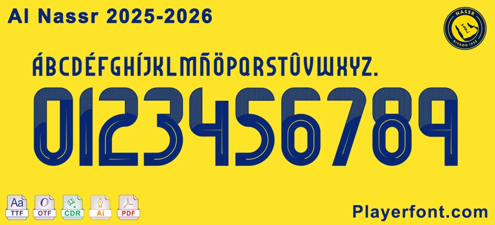 Al Nassr 2025-2026 font package showing unique characters and supported file formats TTF, OTF, CDR, AI.