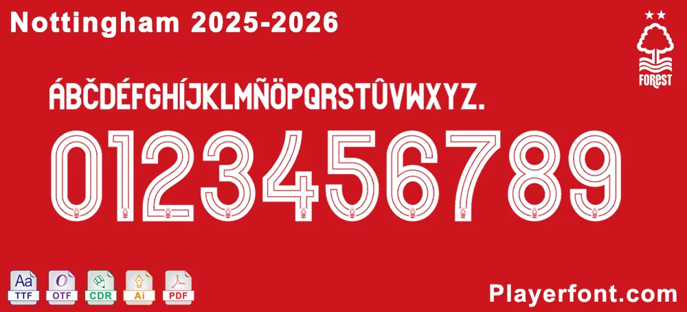 Official Nottingham Forest 2025-2026 typeface preview showing full alphabet, numbers, and season year.
