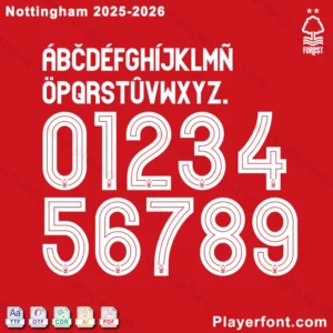 Close-up preview of the Nottingham Forest 2025-2026 font characters, numbers, and typography style.