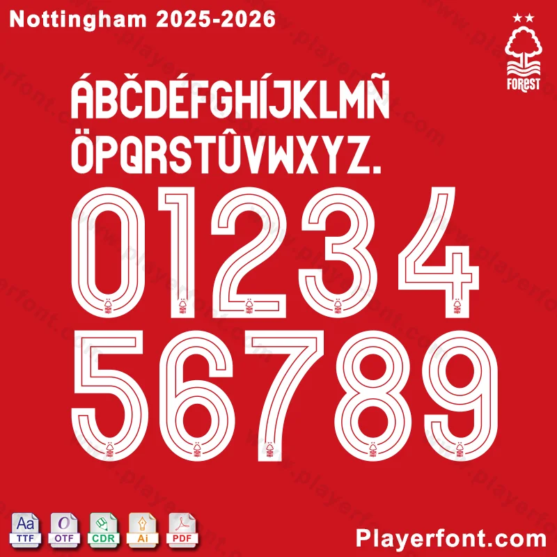 Close-up preview of the Nottingham Forest 2025-2026 font characters, numbers, and typography style.