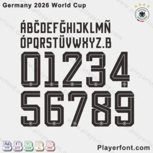 Close-up of Germany 2026 World Cup Font letters and numbers, emphasizing detailed typography and German soccer-inspired design elements, available for download in multiple formats.