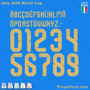 Italy 2026 World Cup font numbers 0-9 preview in gold on blue with vector file icons.