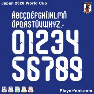 Japan 2026 World Cup Font display with stylized letters, numbers, and file format options (TTF, OTF, CDR, AI, PDF) – ideal for soccer and Japanese sports design projects.