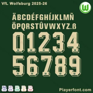 VfL Wolfsburg 2025-26 font layout with alphabet and numerals displayed in two sections