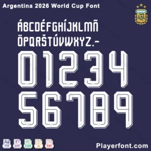 Argentina 2026 World Cup away font preview with uppercase letters, numbers, and special characters