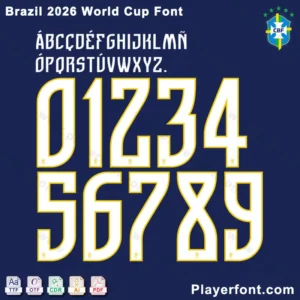 Preview of Brazil 2026 World Cup font showing uppercase letters, numbers, and available download formats TTF, OTF, CDR, AI, PDF.