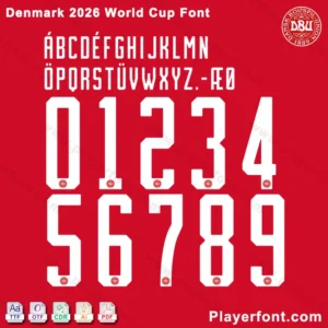 Denmark 2026 World Cup Font numbers and letters preview on red background