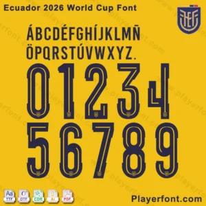 Complete character map of the Ecuador 2026 World Cup font showing uppercase letters, numbers, and symbols.Complete alphabet and numerals in the Ecuador 2026 World Cup font.