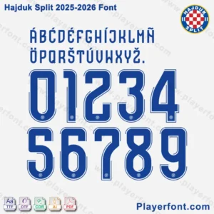 HNK Hajduk Split 2025-2026 font kit preview with blue letters and numbers on white background.