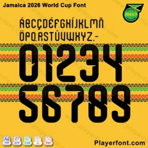 Jamaica 2026 World Cup font numbers and letters preview with JFF logo detail.