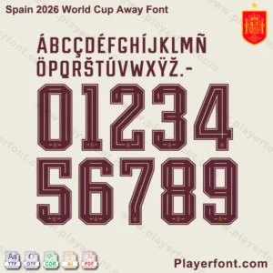 Spain 2026 World Cup Away font kit preview showing letters and inline numbers.