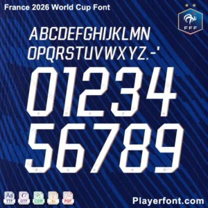 Detailed display of the France 2026 World Cup font numbers from 0 to 9 on a blue background.