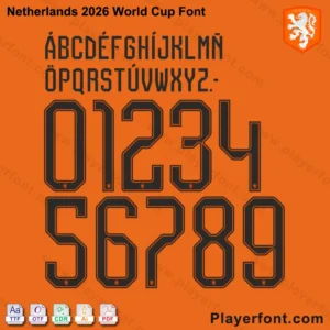 Close up of Netherlands 2026 World Cup jersey numbers 0-9 with KNVB logo detail.