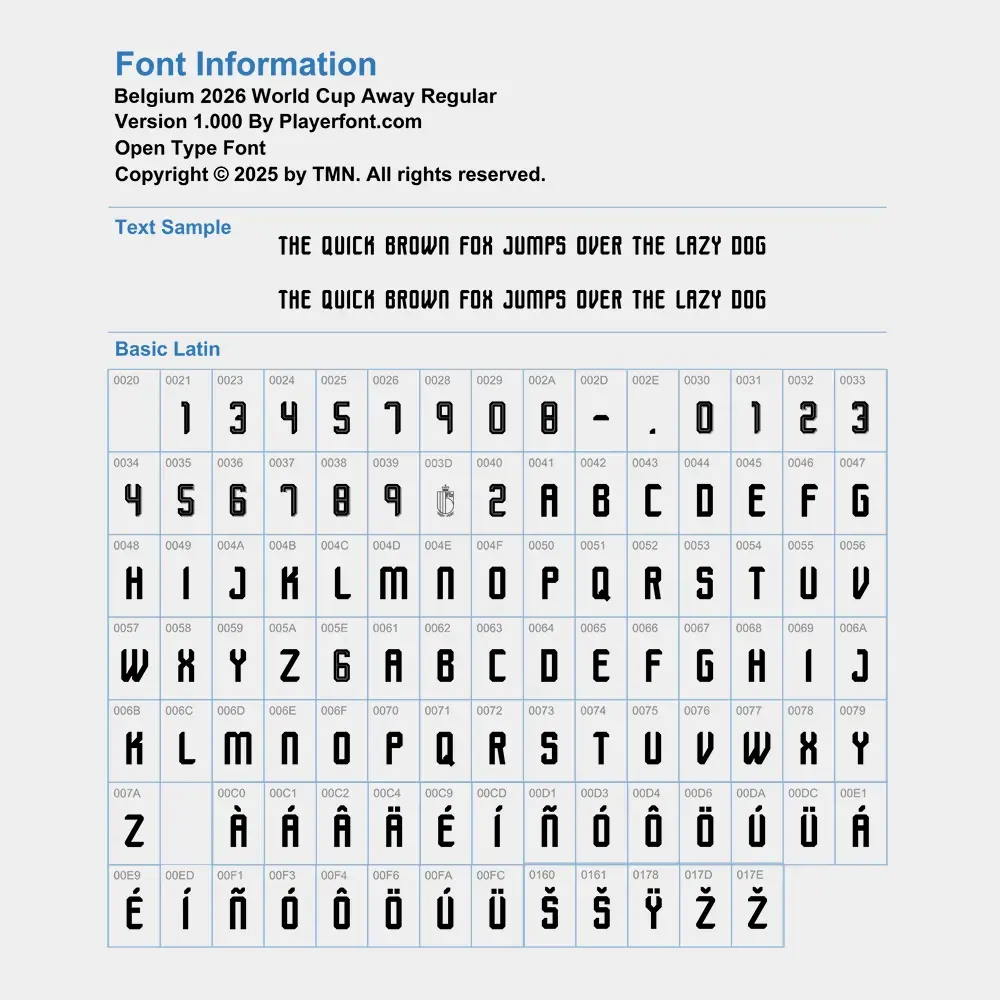 Full character list for Belgium 2026 World Cup Away Font including letters and numbers.