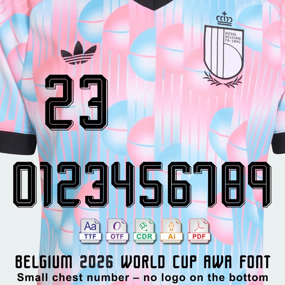 Small chest number preview for Belgium 2026 World Cup Away jersey font.