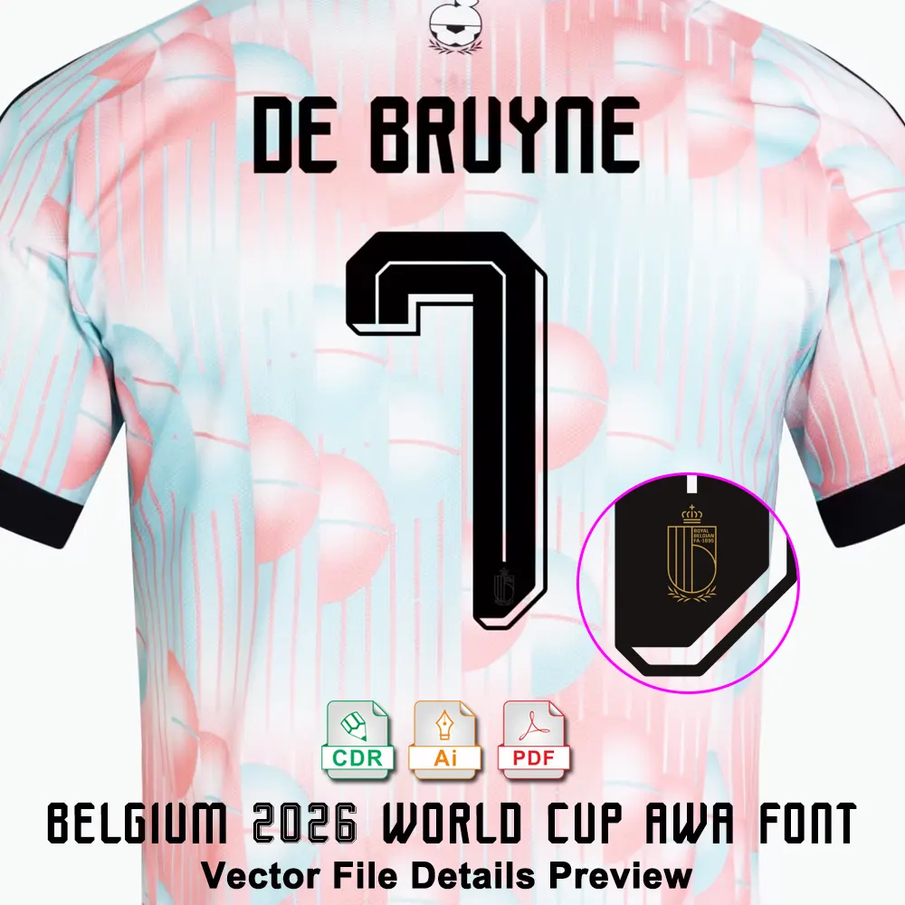 Detailed vector view of De Bruyne name and number 7 on Belgium 2026 away kit.
