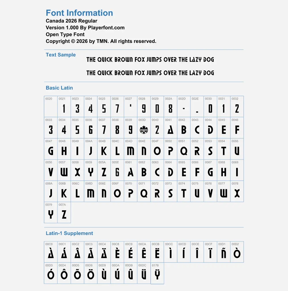 Canada 2026 World Cup Font character list showing Latin letters and numbers