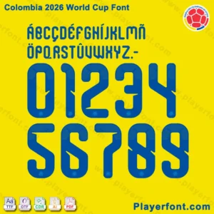 Colombia 2026 World Cup font preview with FCF logo and vector icons