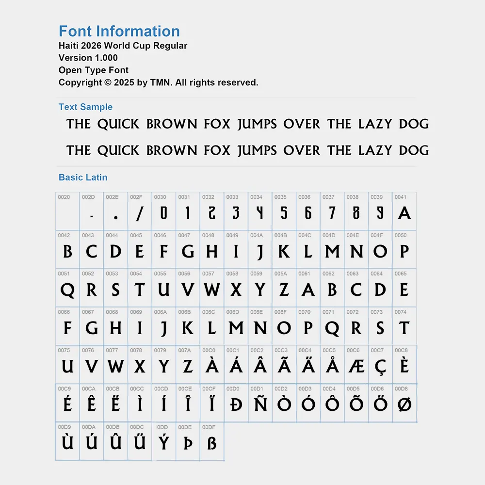 Haiti 2026 World Cup Font character list including Basic Latin, numbers, and special accent characters.