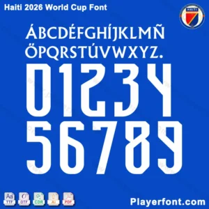 Haiti 2026 World Cup jersey font preview featuring bold white numbers and alphabet on a blue background.