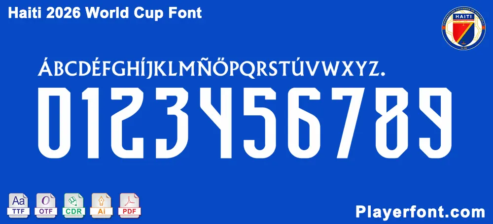 Wide banner of Haiti 2026 World Cup Font showing typography and vector file format icons for soccer jersey design.