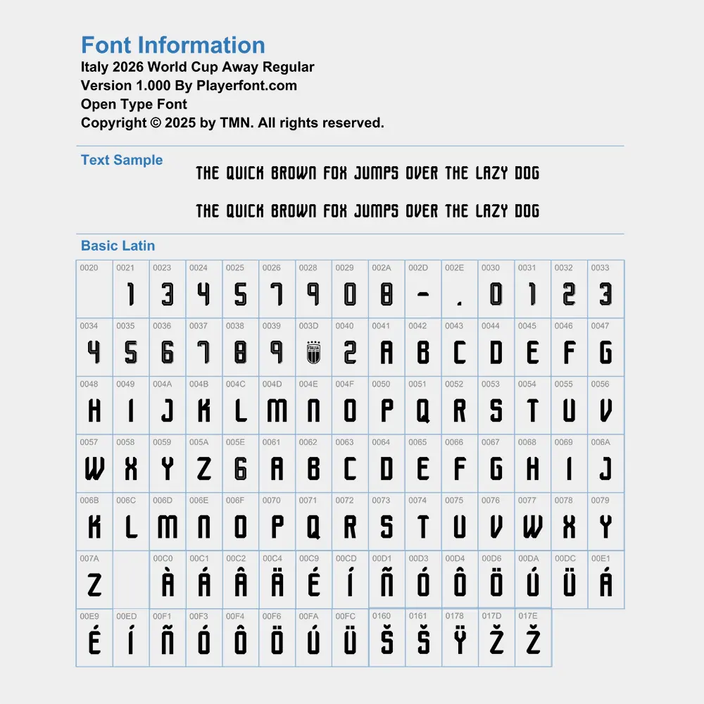 Italy 2026 World Cup Away Font character map with letters, numbers, and accents