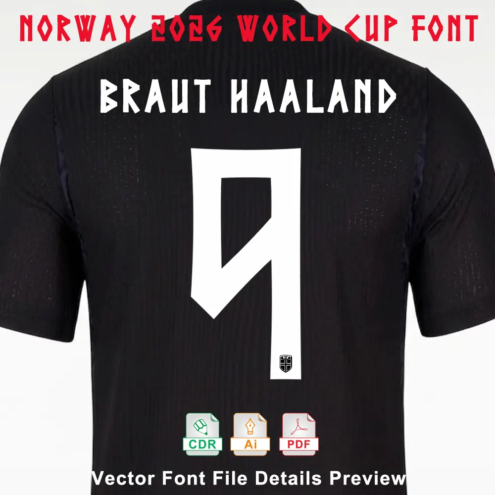 Norway 2026 World Cup font preview on black away jersey with Haaland name and number 9.