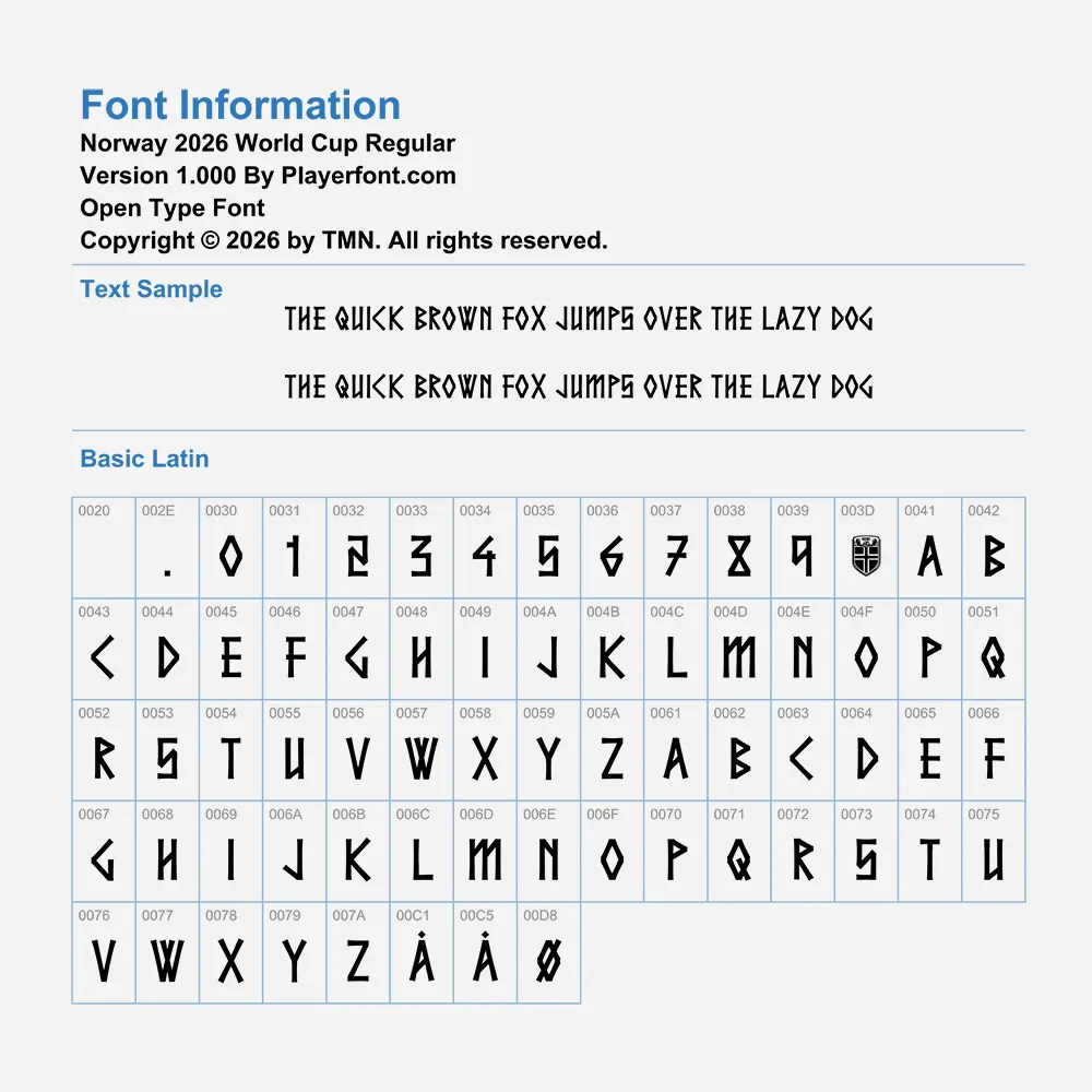 Full character map of Norway 2026 World Cup font including letters, numbers, and Norwegian symbols.