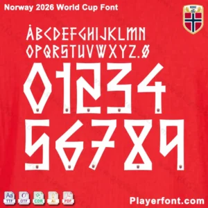 Norway 2026 World Cup font kit download with large white numbers and runes-style alphabet on red.