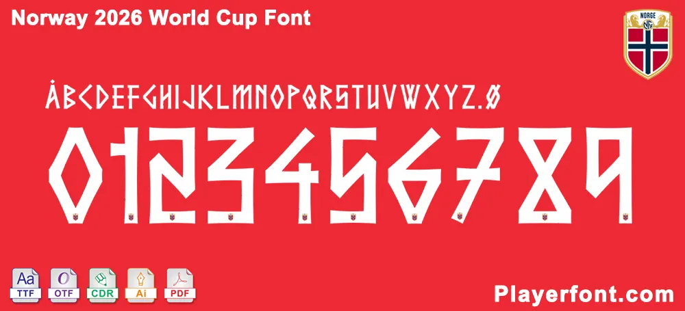 Comprehensive Norway 2026 World Cup jersey font typography set with numbers and symbols on red background.