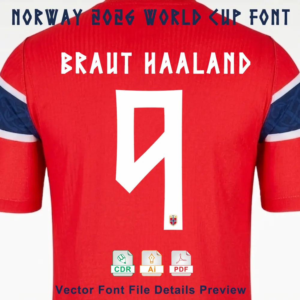 Norway 2026 World Cup home jersey font application with Braut Haaland name and NFF crest on number.