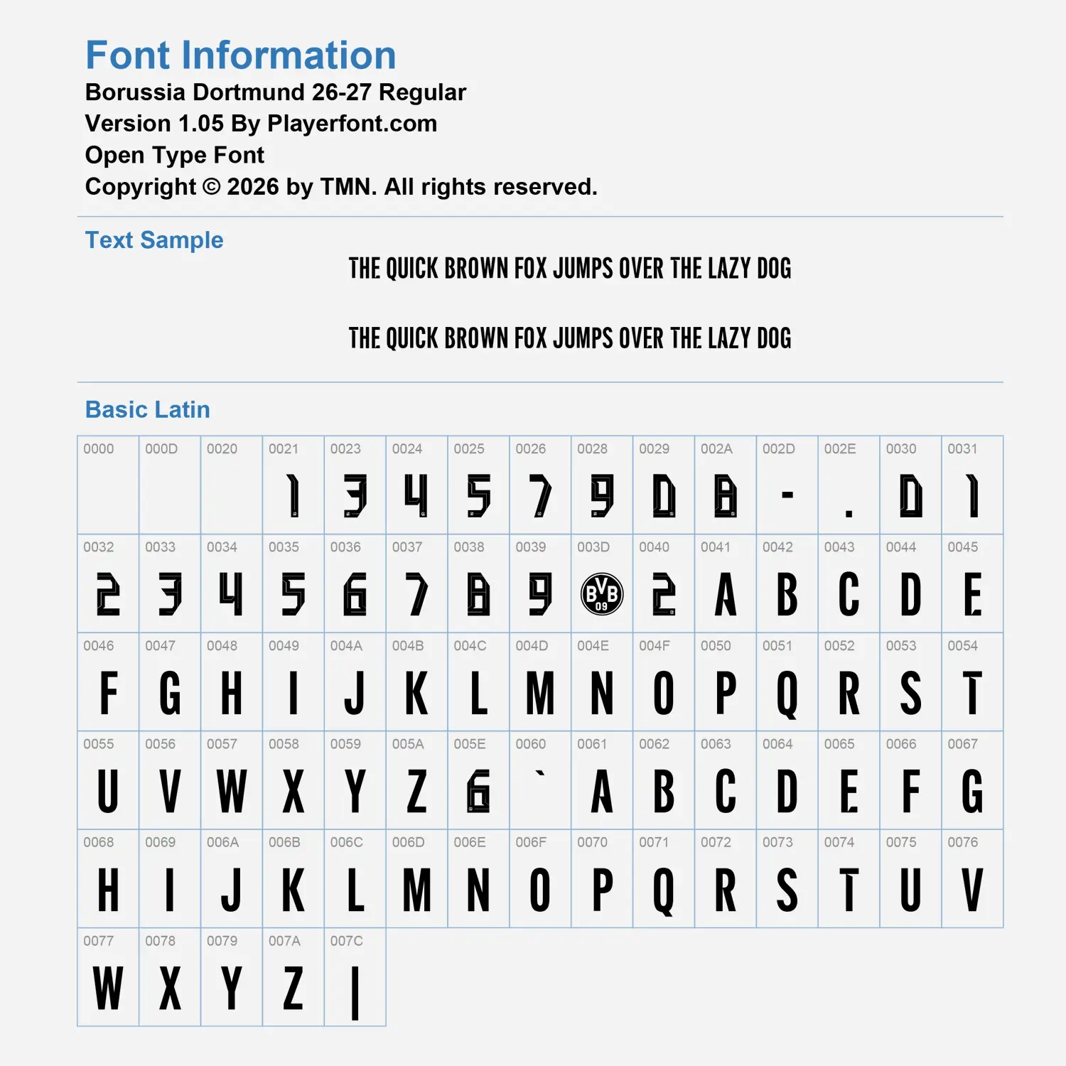 Borussia Dortmund 26-27 Font Basic Latin Character Map