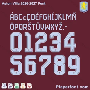 Aston Villa font 2026-2027 jersey numbers and alphabet presentation with TTF OTF AI CDR PDF formats.