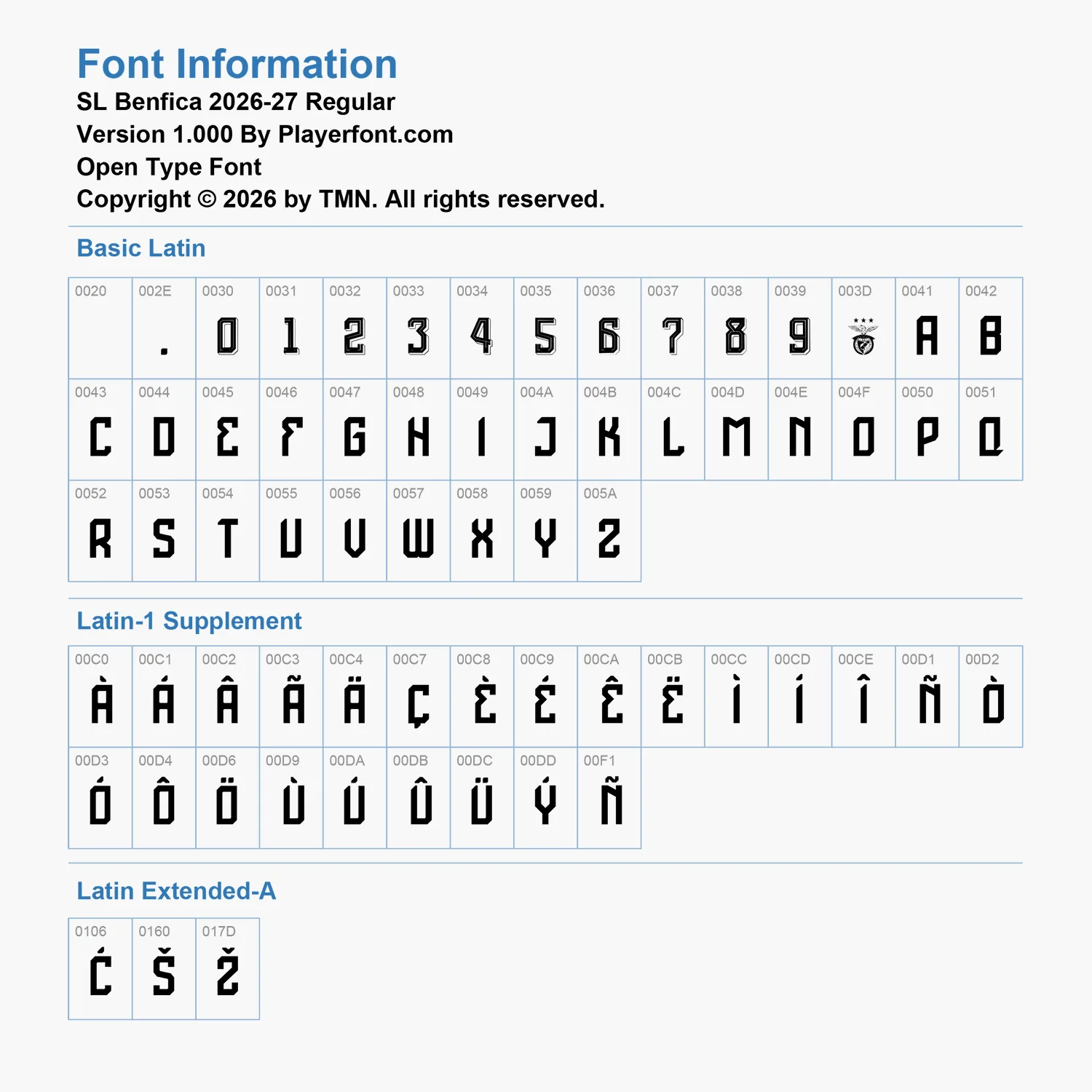 SL Benfica 2026-2027 font character map grid showing basic latin and latin-1 supplement accent letters chart.