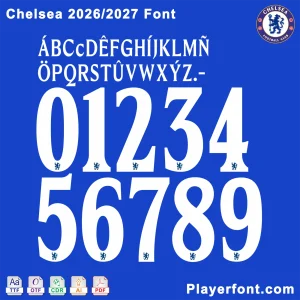 Chelsea font 2026-2027 jersey numbers and alphabet presentation with TTF OTF AI CDR PDF formats by Playerfont.