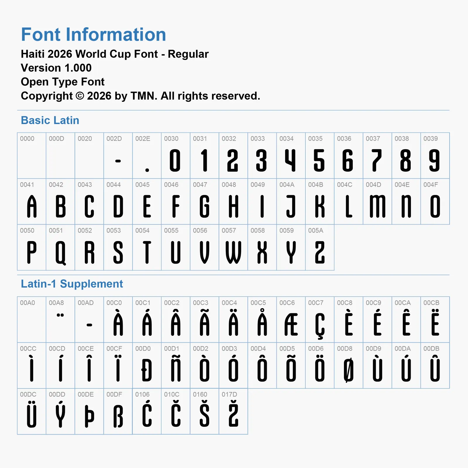 Haiti World Cup 2026 font character map grid chart for Basic Latin and Latin-1 Supplement Open Type Font.