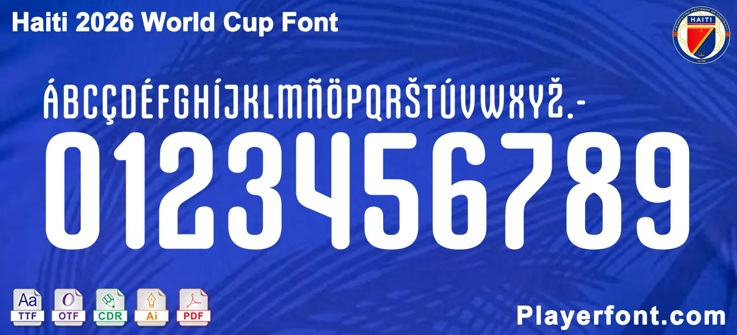 Horizontal vector layout template of Haiti World Cup 2026 Font kit numbers and full alphabet string.