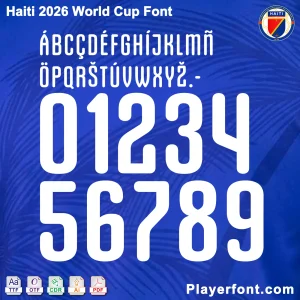 Haiti World Cup 2026 font jersey numbers and alphabet presentation with TTF OTF AI CDR PDF formats by Playerfont.