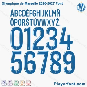 Olympique de Marseille 2026-2027 font jersey numbers and alphabet presentation with TTF OTF AI CDR PDF formats by Playerfont.