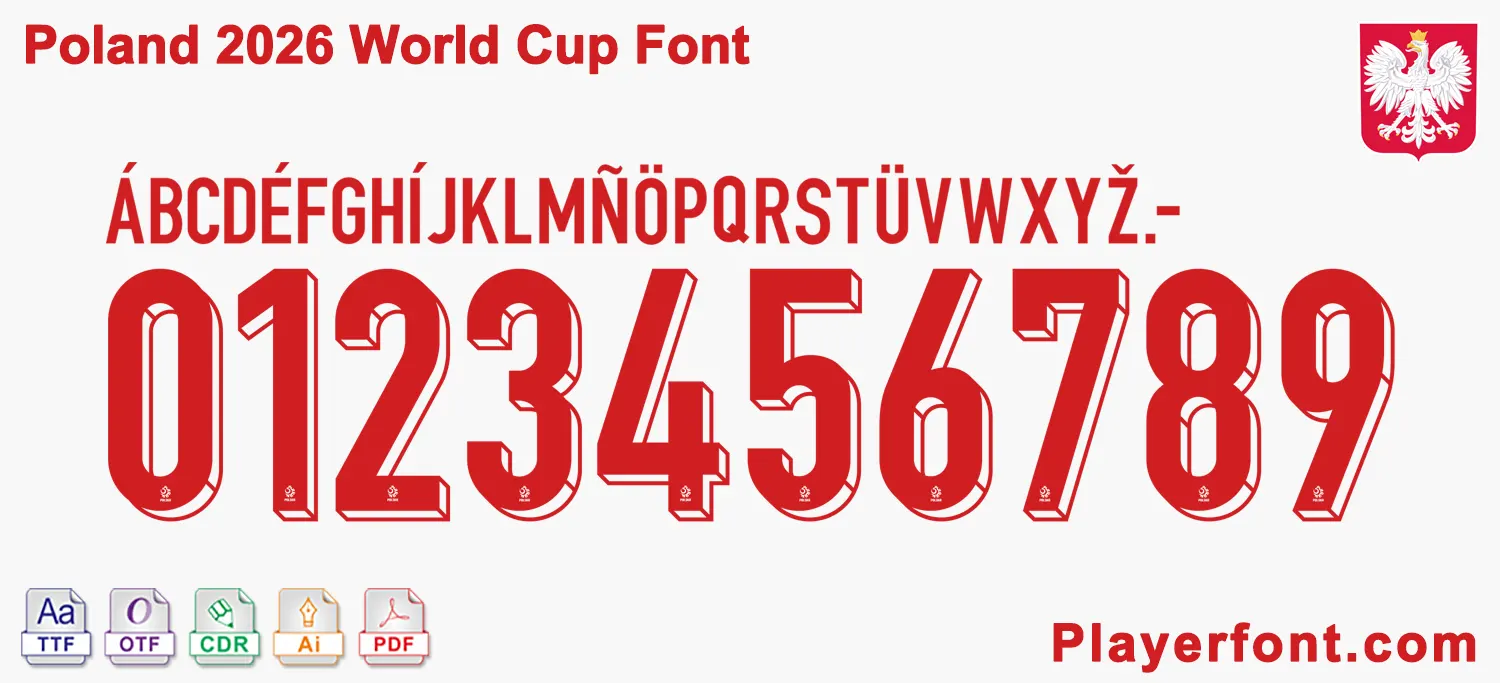 Horizontal vector layout template of Poland World Cup 2026 football kit numbers and full alphabet string.