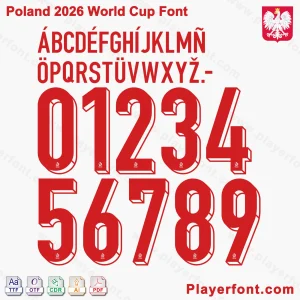 Poland World Cup 2026 font jersey numbers and alphabet presentation with TTF OTF AI CDR PDF formats by Playerfont.