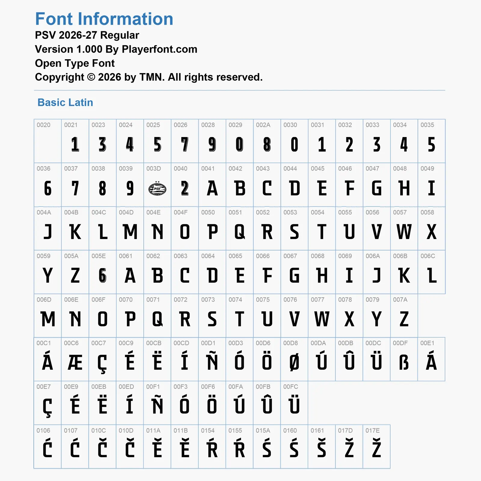 PSV Eindhoven 2026-2027 font character map grid showing basic latin and latin-1 supplement accent letters chart.