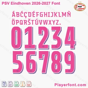 PSV Eindhoven 2026-2027 font jersey numbers and alphabet presentation with TTF OTF AI CDR PDF formats by Playerfont.