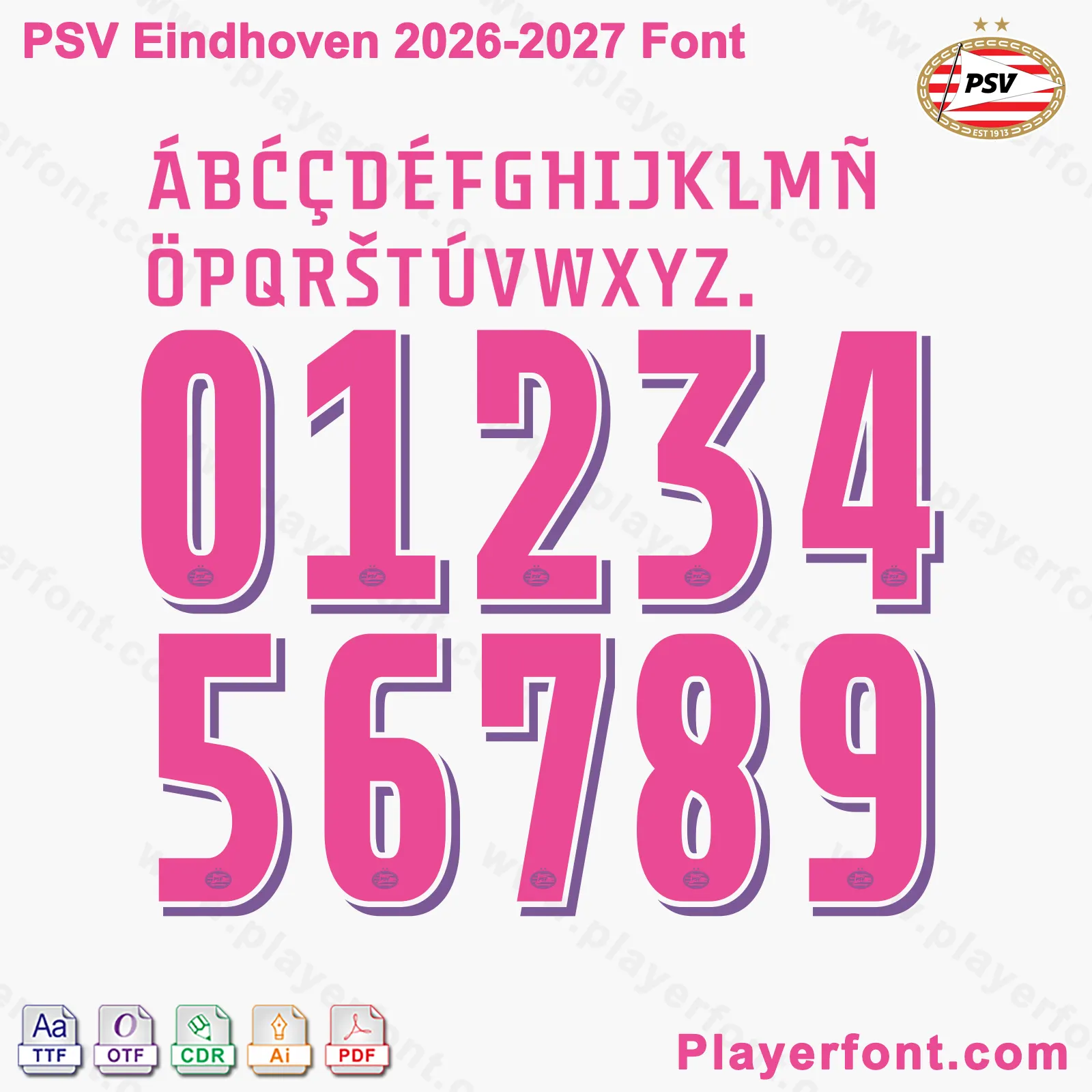 PSV Eindhoven 2026-2027 font jersey numbers and alphabet presentation with TTF OTF AI CDR PDF formats by Playerfont.