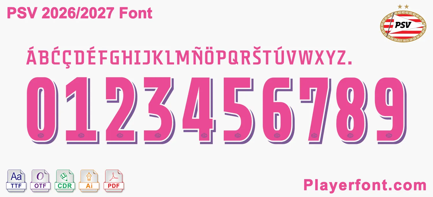 Horizontal vector layout template of PSV Eindhoven 2026-2027 football kit numbers and full alphabet string.