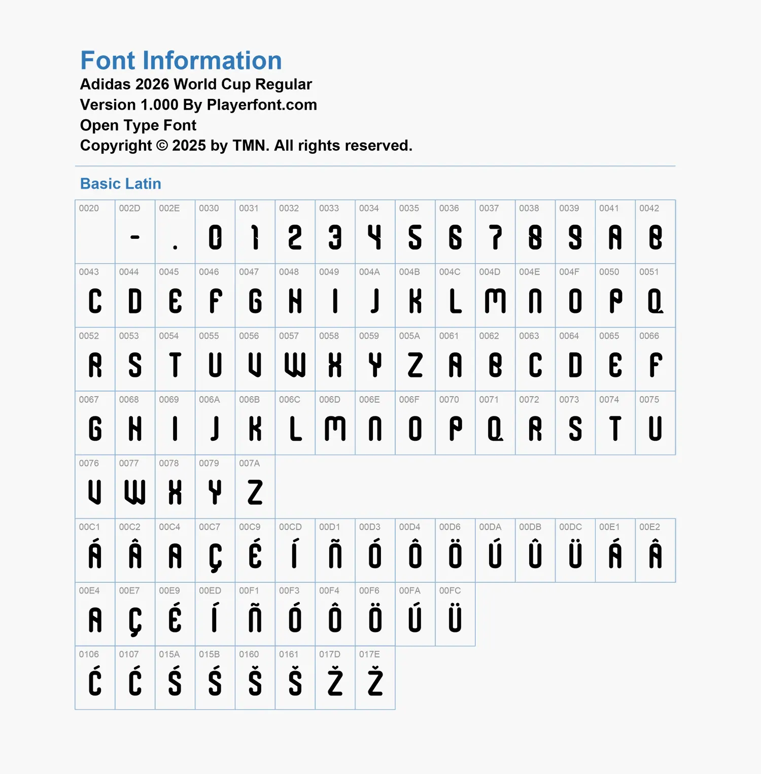 Qatar 2026 World Cup font character map grid showing basic latin and latin-1 supplement accent letters chart.