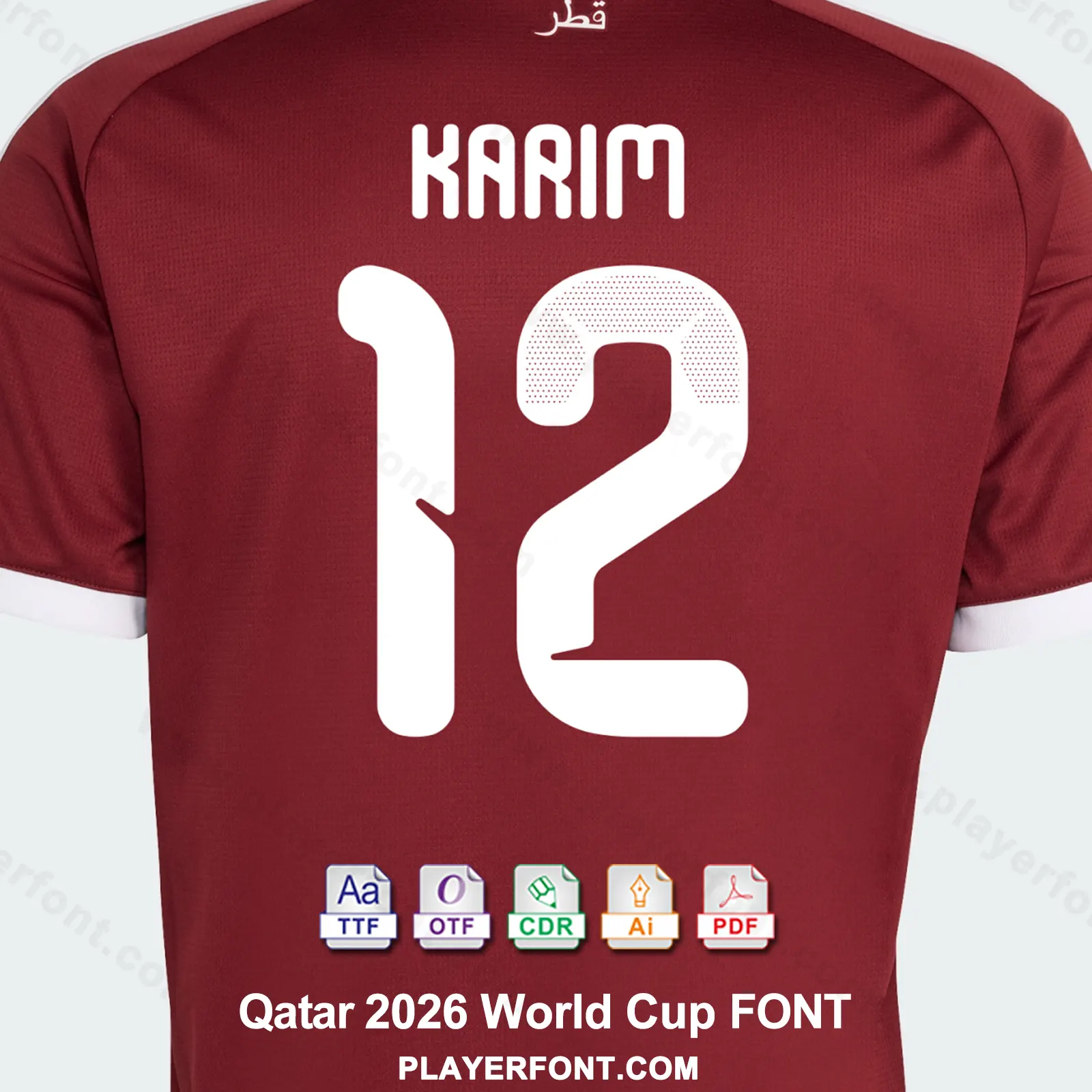 Qatar 2026 World Cup shirt back mockup showing KARIM name and white number 12 vector font application.