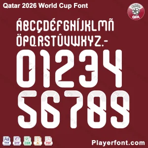 Qatar 2026 World Cup font jersey numbers and alphabet presentation with TTF OTF AI CDR PDF formats by Playerfont.