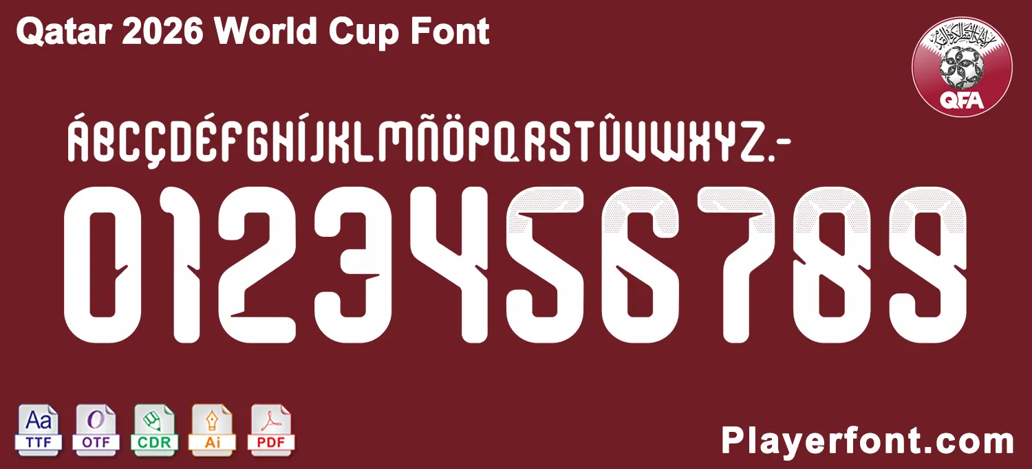 Horizontal vector layout template of Qatar 2026 World Cup football kit numbers and full alphabet string.