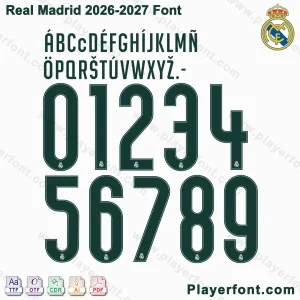 Real Madrid 2026-2027 font jersey numbers and alphabet presentation with TTF OTF AI CDR PDF formats by Playerfont.